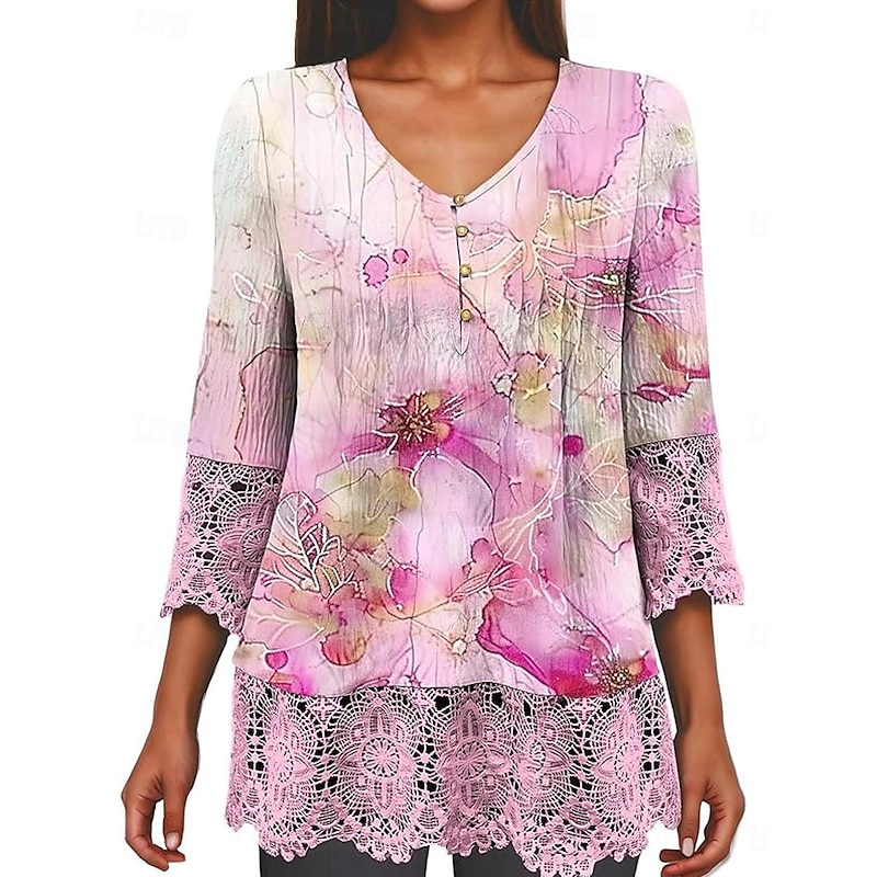 Elegant Ombre Floral Lace Button Tunic with 3/4 Sleeves for Women – Stylish Casual V Neck Summer & Spring Wear
