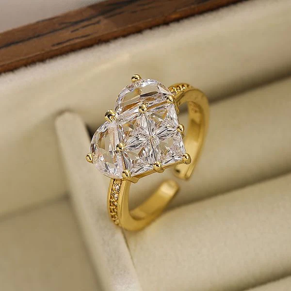 Sweet Simple Style Heart Shape Rectangle  Gold Plated Zircon Copper Open Ring