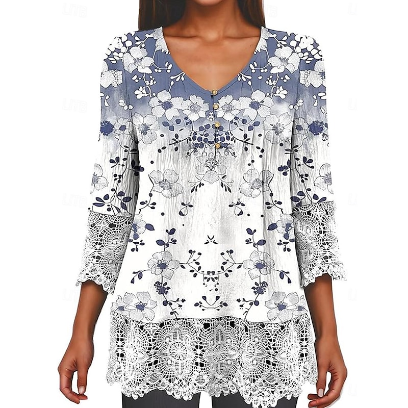 Elegant Ombre Floral Lace Button Tunic with 3/4 Sleeves for Women – Stylish Casual V Neck Summer & Spring Wear