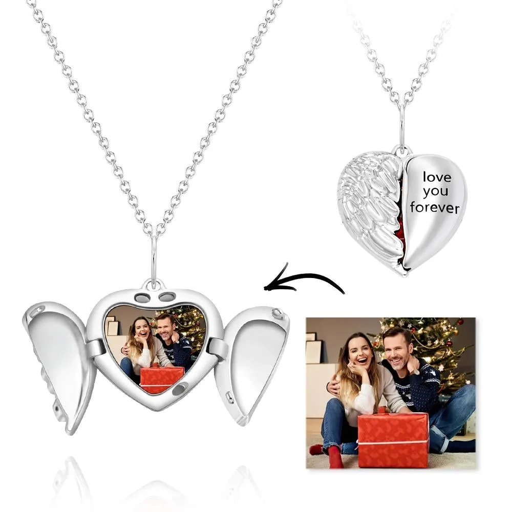 Custom Engraved Photo Heart-Shaped Flip Necklace with Angel Wings – Personalized Gifts for Couples
