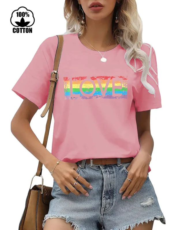 Women's T-shirt Short Sleeve T-Shirts Printing Streetwear Letter Rainbow